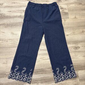 Country Store Wide Leg Pants Womens L Blue Embroidered Cotton Elastic Waist